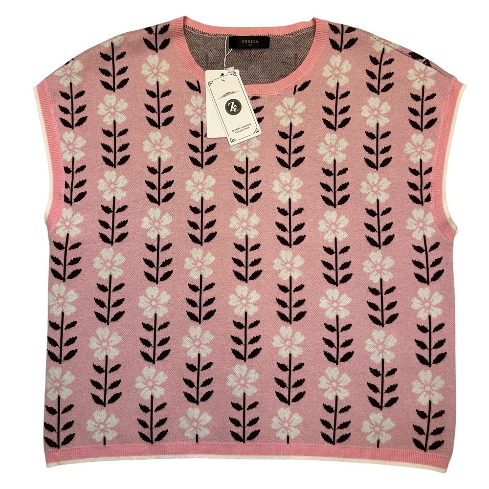 ZESICA Floral Sleeveless Pink Knit‎ Cottagecore Sweater Vest NWT Size XL